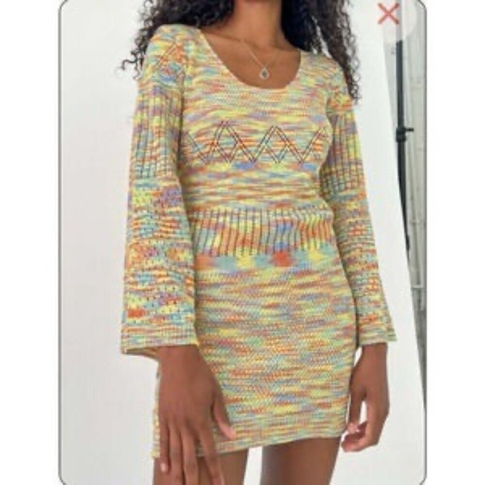 Y Lisa Says Gah Plus Size Crochet Striped Penny Bell Sleeved Mini Sweater Dress